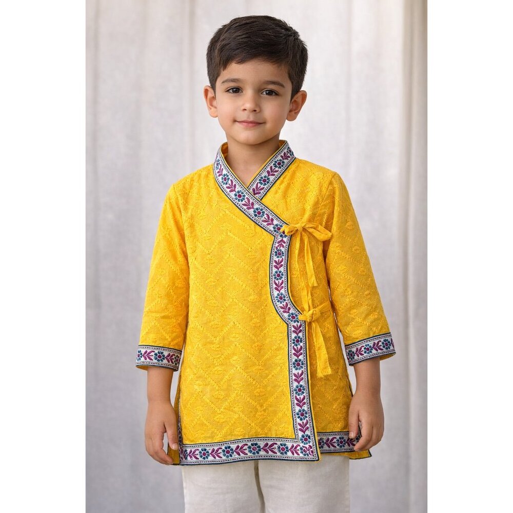 Boys Yellow Wrap Tunic Top Artisan Embroidered Festival Shirt holyday resort